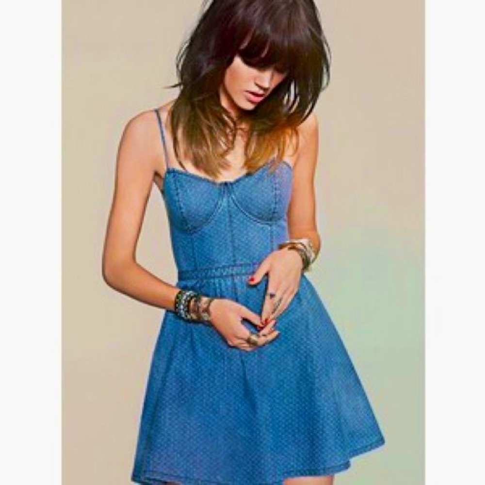 Free People Polka Dot Denim Bustier Dress Sz Large